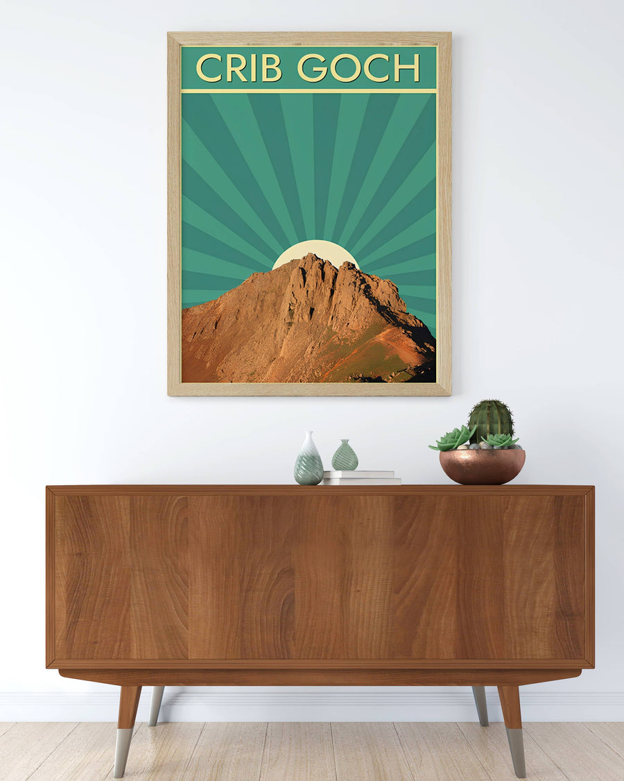 Modern travel poster art featuring a retro design of Crib Goch, Wales, which can be ordered as a stretched canvas, an unframed poster, or a ready-to-hang framed print. The landscape print combines a realistic mountain face with abstract geometric lines to create eye-catching home decor for living rooms or offices.