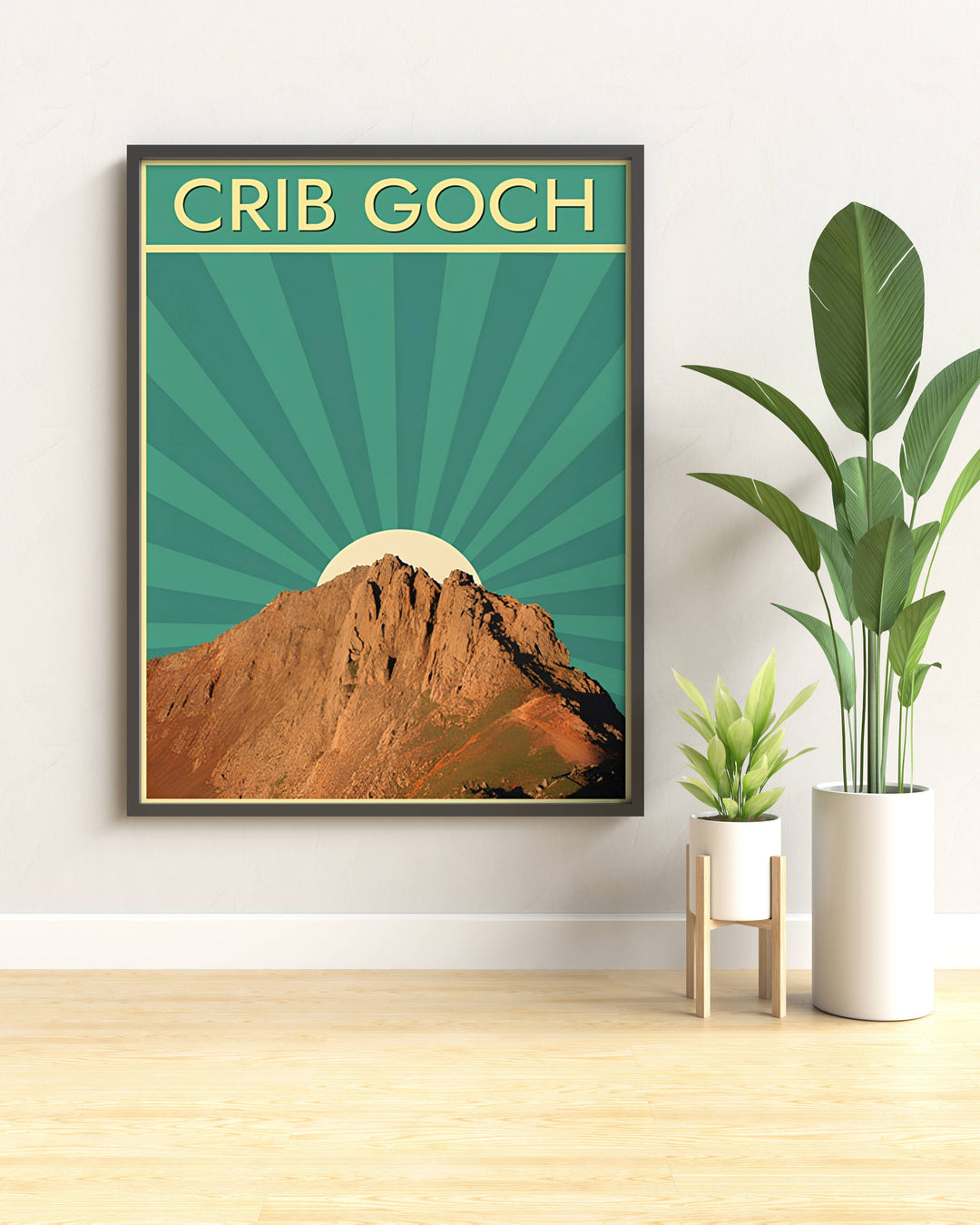 An elegant wilderness print of the Crib Goch ridge in Snowdonia, Wales, offered in your choice of an unframed print, a premium canvas, or a classic framed art finish. The vintage-inspired travel poster brings a sophisticated touch of the Welsh countryside to home styling and classic adventure wall decor.
