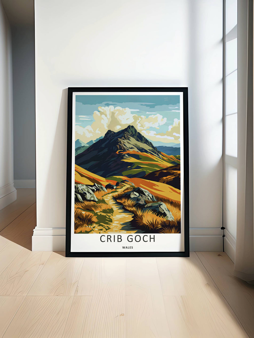 Minimalist travel poster print of the Crib Goch mountain range without text, customizable as a textured canvas piece, an unframed art print, or a framed wall accent. The trail print captures the expansive feeling of walking along the high-altitude ridge line.