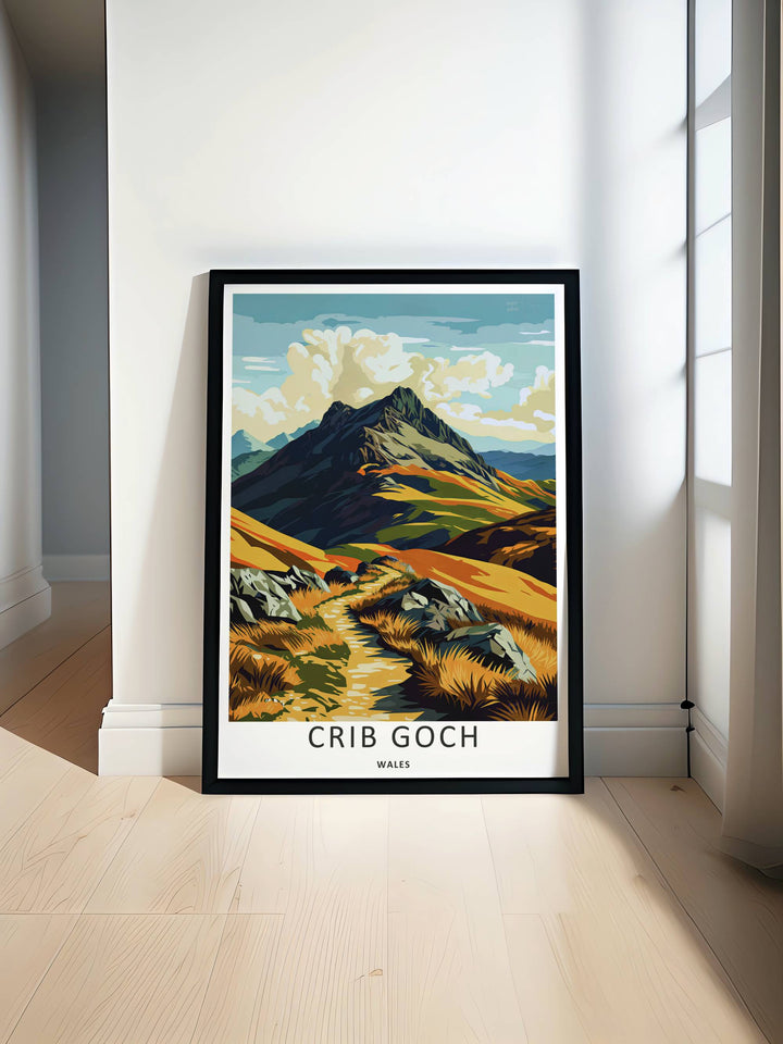 Minimalist travel poster print of the Crib Goch mountain range without text, customizable as a textured canvas piece, an unframed art print, or a framed wall accent. The trail print captures the expansive feeling of walking along the high-altitude ridge line.