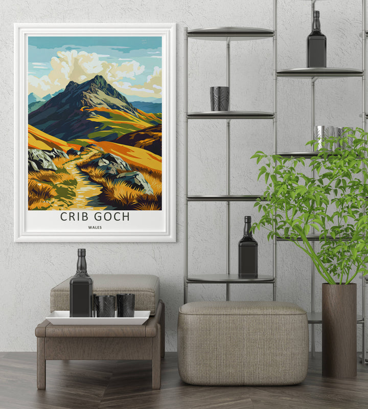 A detailed artistic travel poster depicting the scenic mountain pass at Crib Goch, selectable as an elegant canvas, a minimalist unframed poster, or a framed artwork display. The scene details rugged terrain in rich autumnal tones leading toward the towering mountain peak.