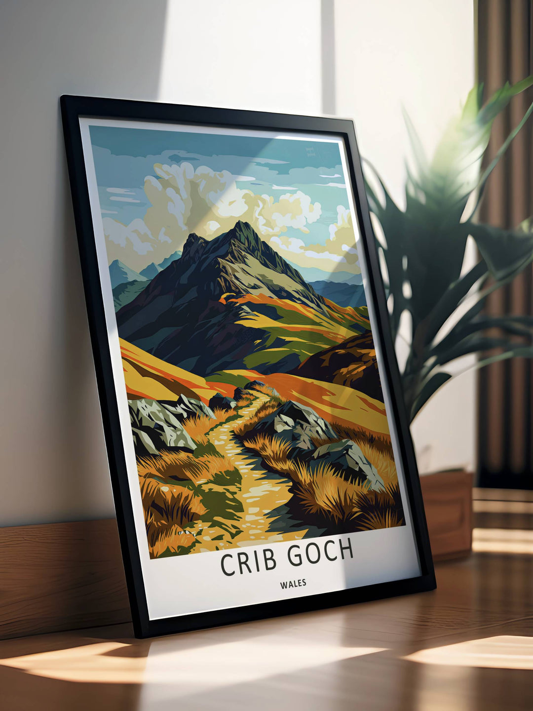 Graphic illustration print of the famous Crib Goch mountain climbing trail, crafted as a premium canvas print, an unframed poster, or a framed gallery piece. The wall decor shows the towering peak in deep teals and rich earth tones under stylized clouds.