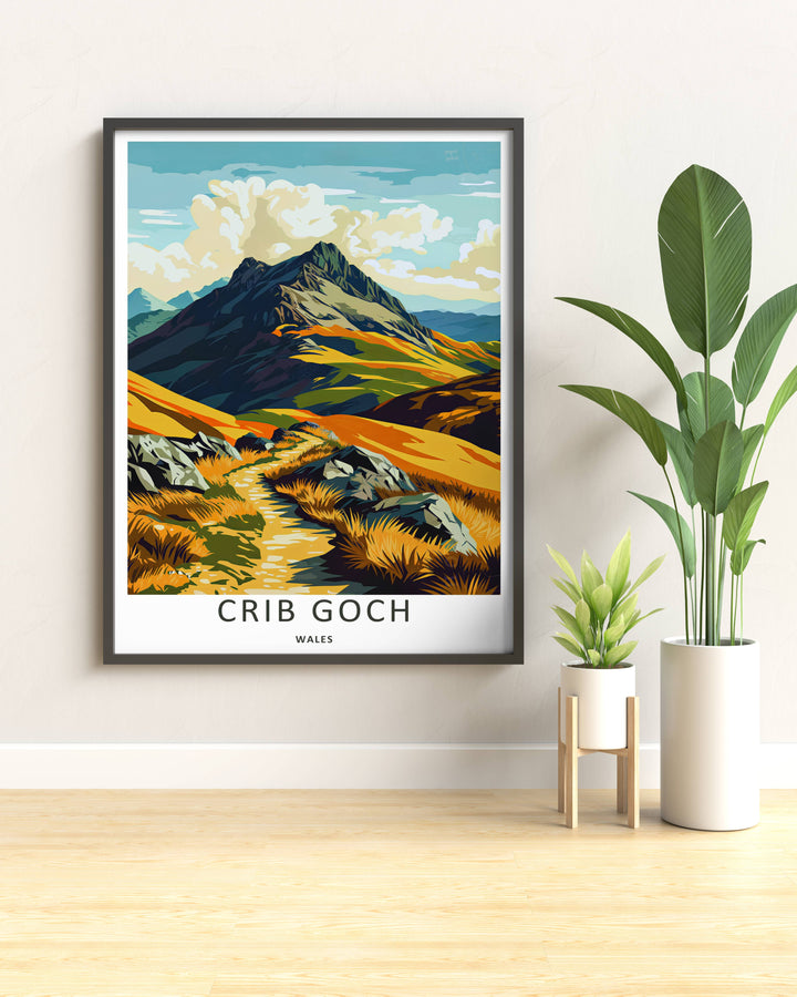An elegant wilderness print of the dramatic Crib Goch mountain ridge, offered as an unframed print, a wrapped canvas, or a framed art finish. The vintage travel poster aesthetic brings a modern graphic touch to classic adventure wall decor and home styling.