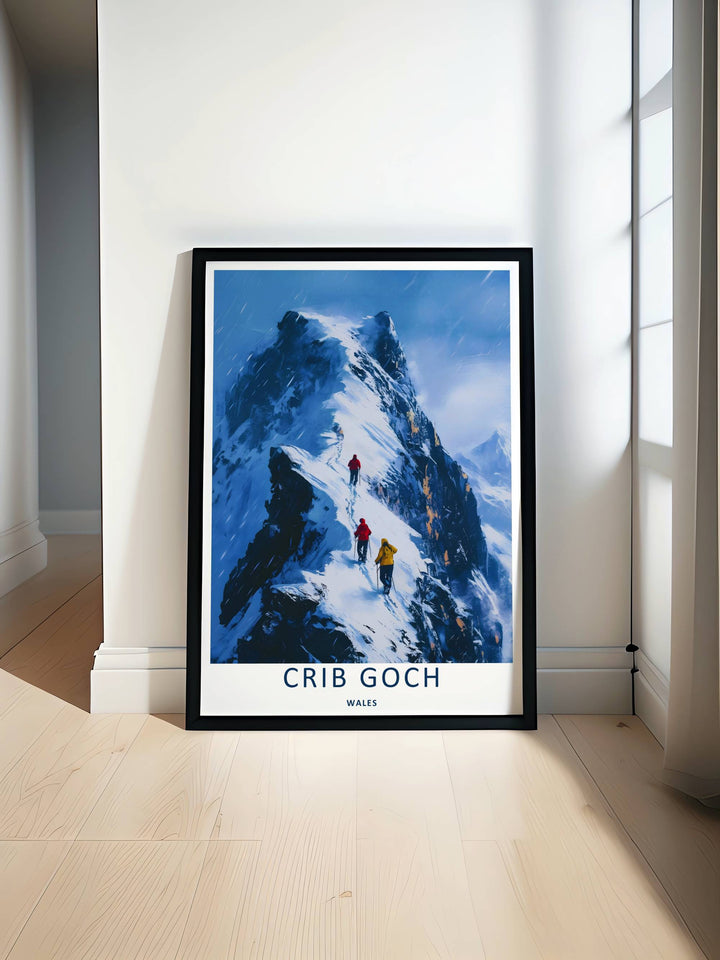 Minimalist travel poster print of the winter Crib Goch mountain range without text, customizable as a textured canvas piece, an unframed art print, or a framed wall accent. The trail print captures the expansive feeling of walking along an alpine ridge.