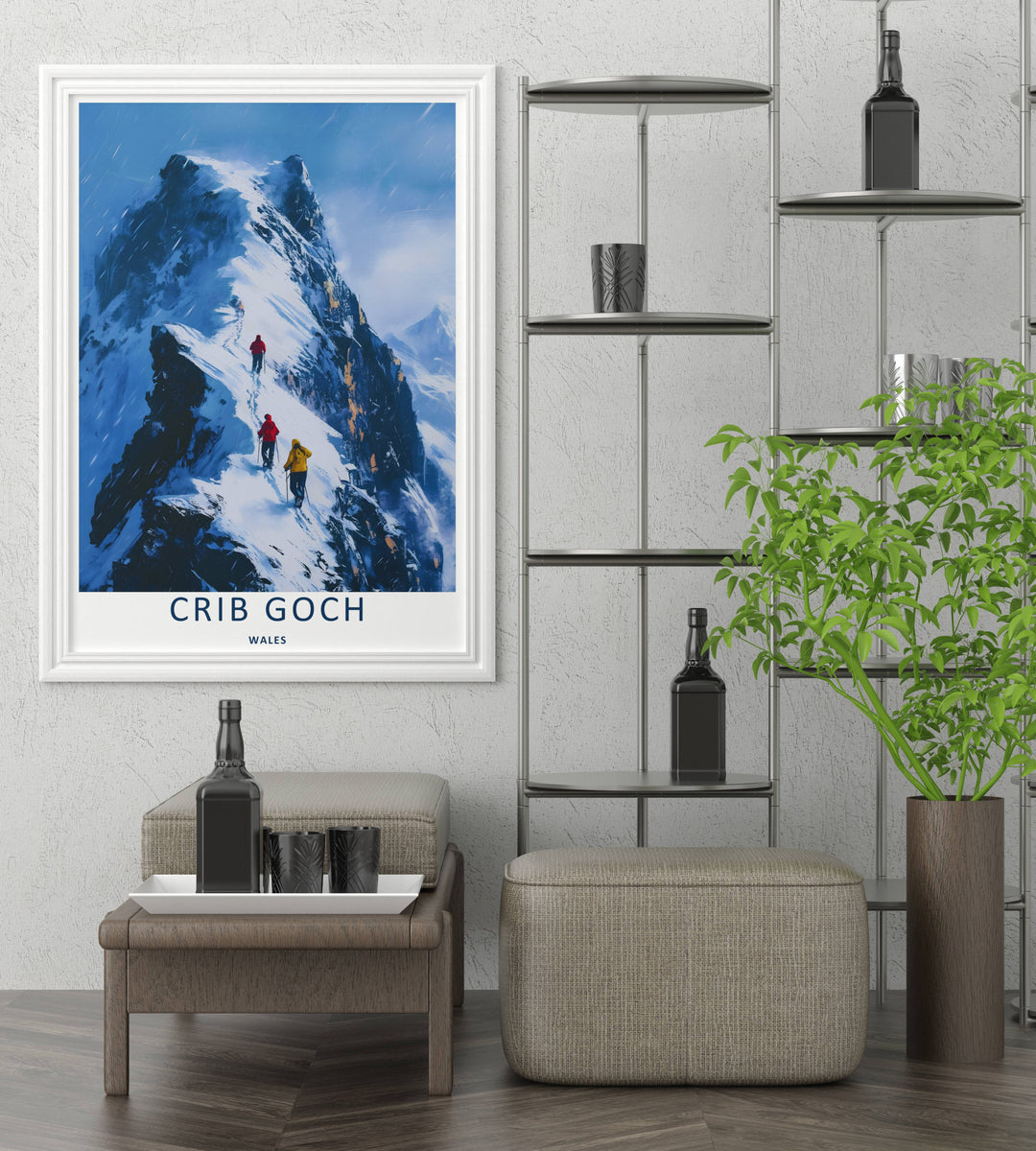 A striking painterly print of the iconic Crib Goch winter route, ready to order as an unframed print, canvas, or a framed wall art piece. The design features bold minimalist typography centered along the clean white border at the bottom.