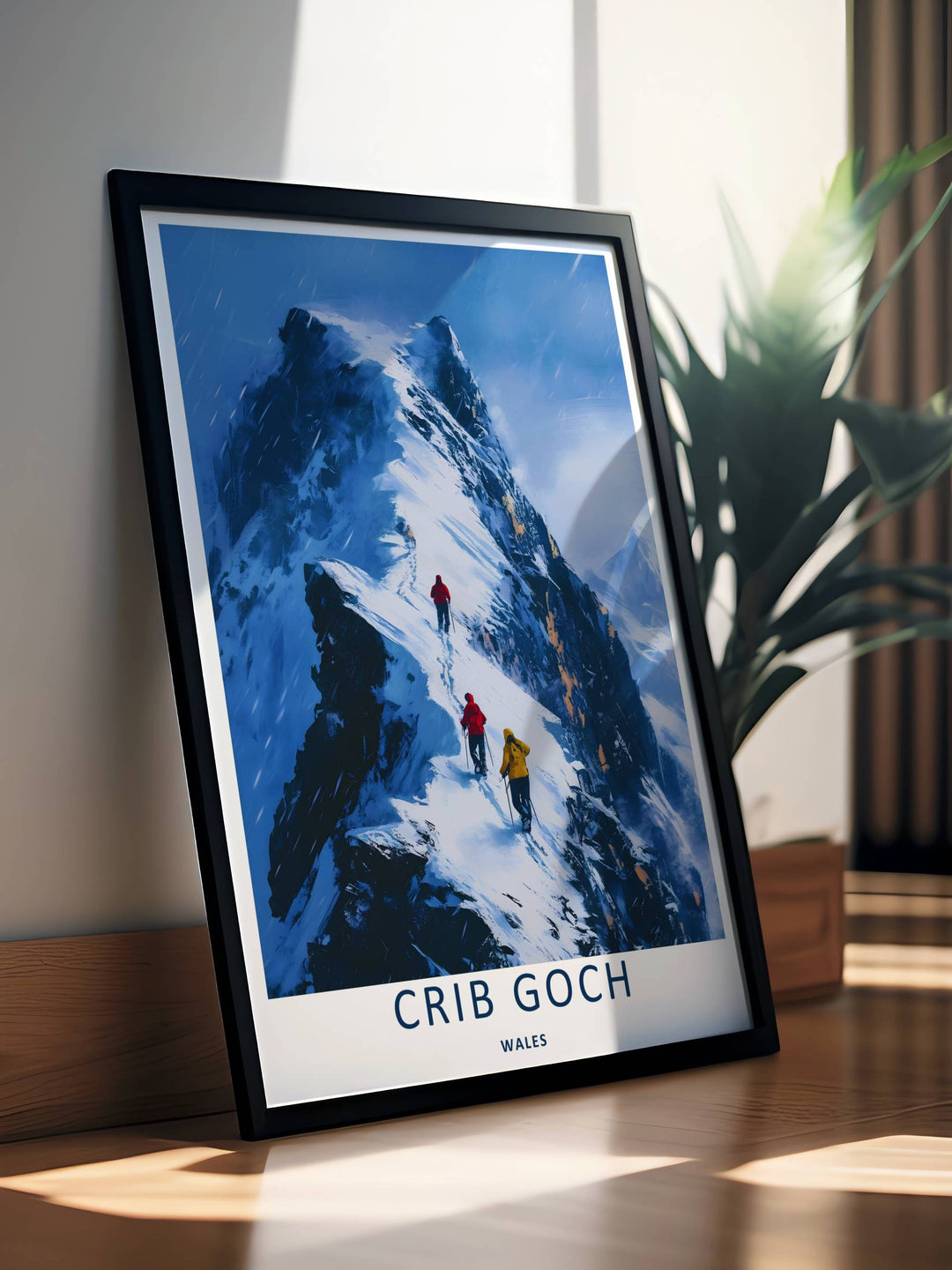 A detailed artistic travel poster depicting a scenic winter ascent at Crib Goch, selectable as an elegant canvas, a minimalist unframed poster, or a framed artwork display. The scene details rugged snow conditions and mountaineers in high-visibility jackets.