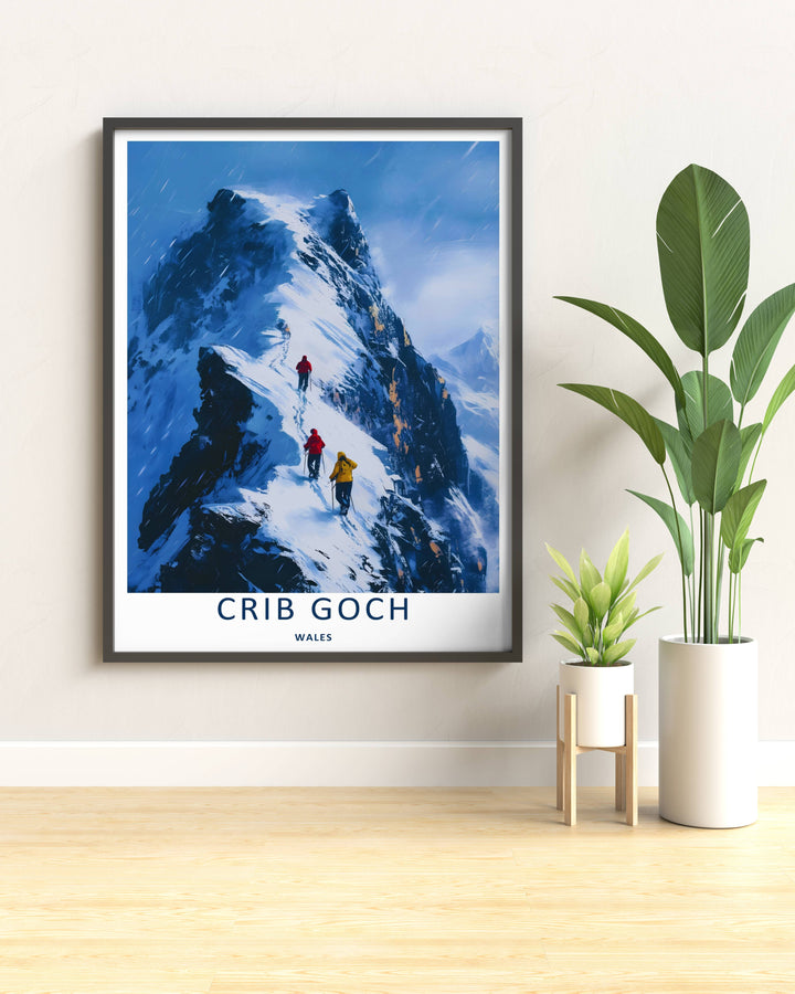 Graphic illustration print of the famous winter Crib Goch mountain climbing trail, crafted as a premium canvas print, an unframed poster, or a framed gallery piece. The wall decor shows a towering icy peak in deep blues and bright whites.