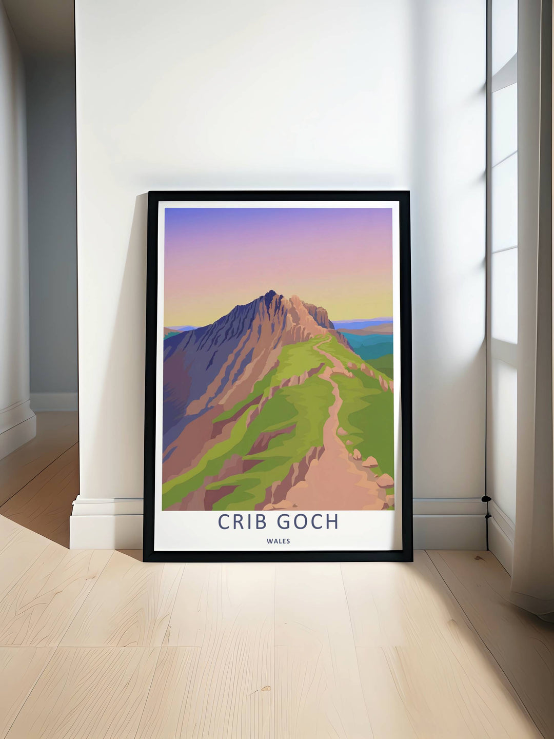 Minimalist travel poster print of the Crib Goch mountain range without text, customizable as a textured canvas piece, an unframed art print, or a framed wall accent. The trail print captures the expansive feeling of walking along a high-altitude ridge line.