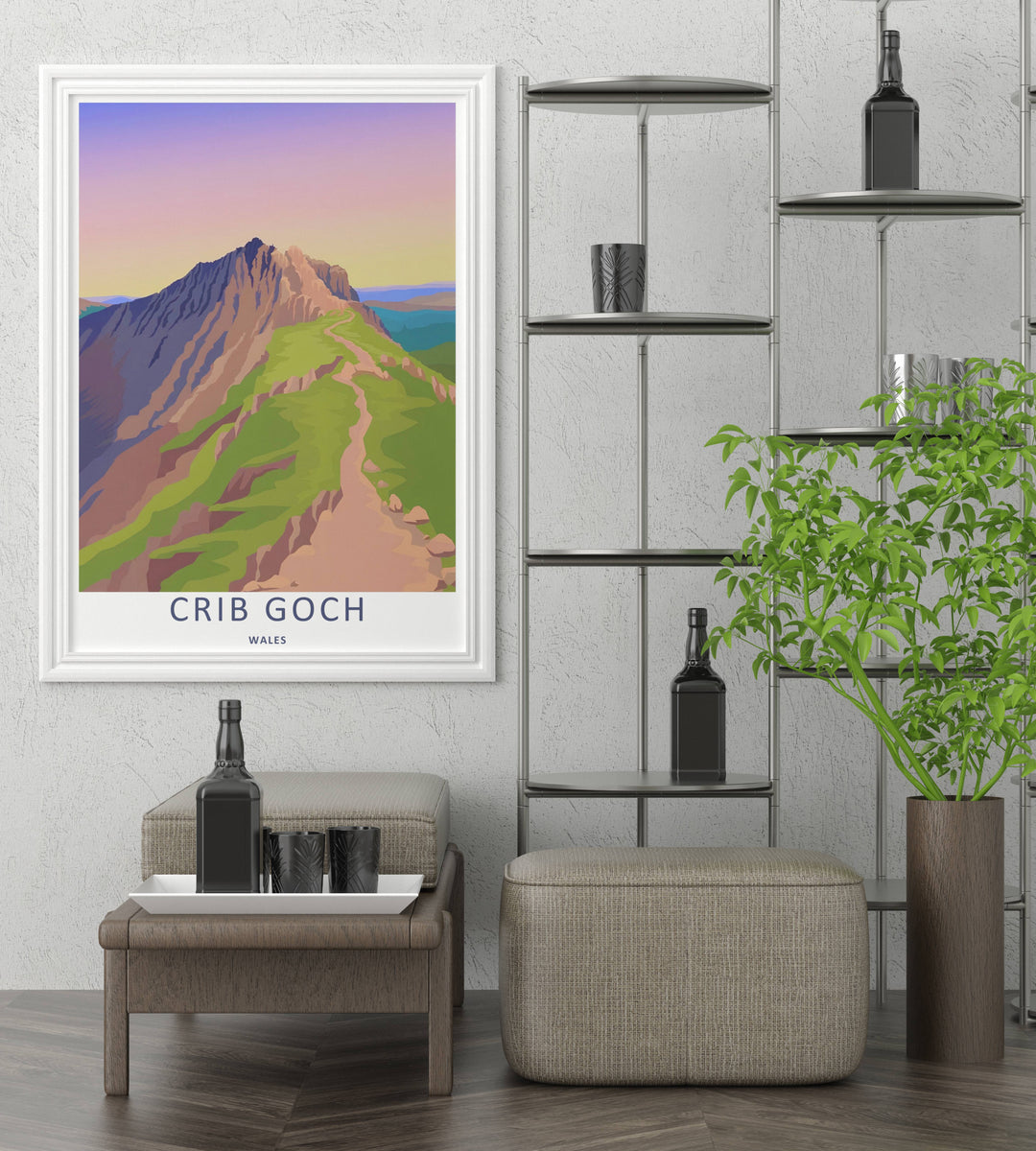 A detailed artistic travel poster depicting a scenic sunset walk at Crib Goch, selectable as an elegant canvas, a minimalist unframed poster, or a framed artwork display. The scene details soft terraced green slopes leading toward a high peak.