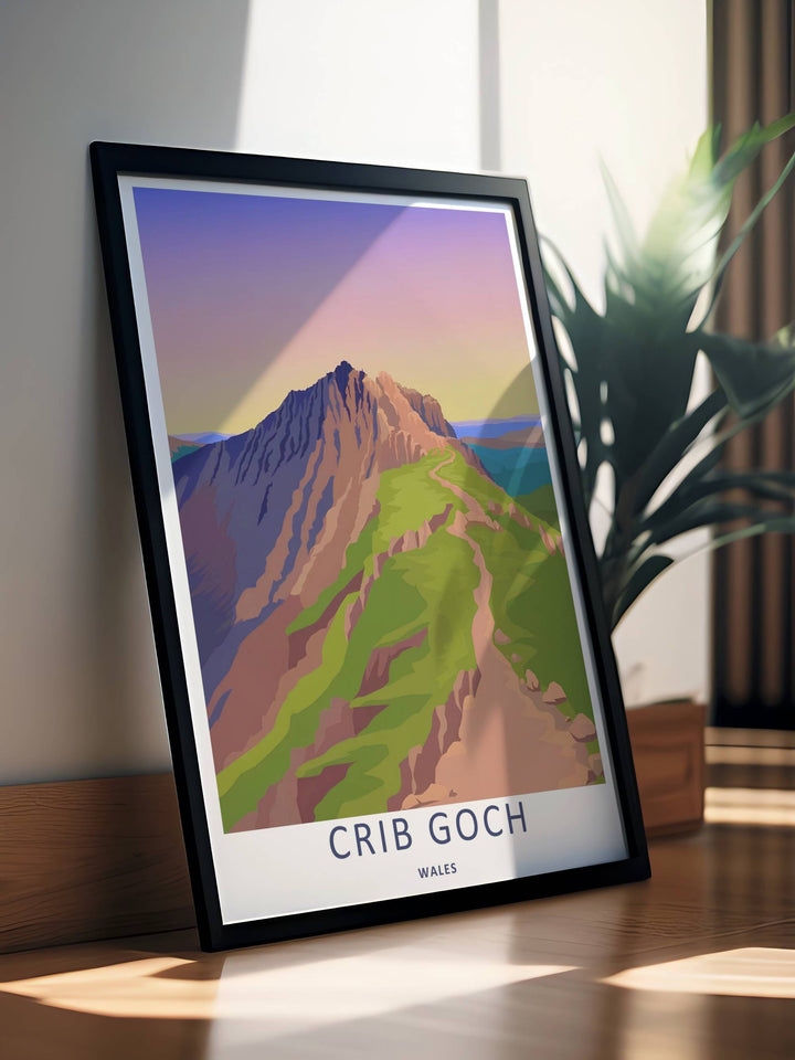 A beautiful mountain theme travel poster featuring the rugged peak and walking trail of Crib Goch, available in flexible unframed, framed, or canvas print layouts. The illustration captures the expansive feeling of a colorful high-altitude ridge line.