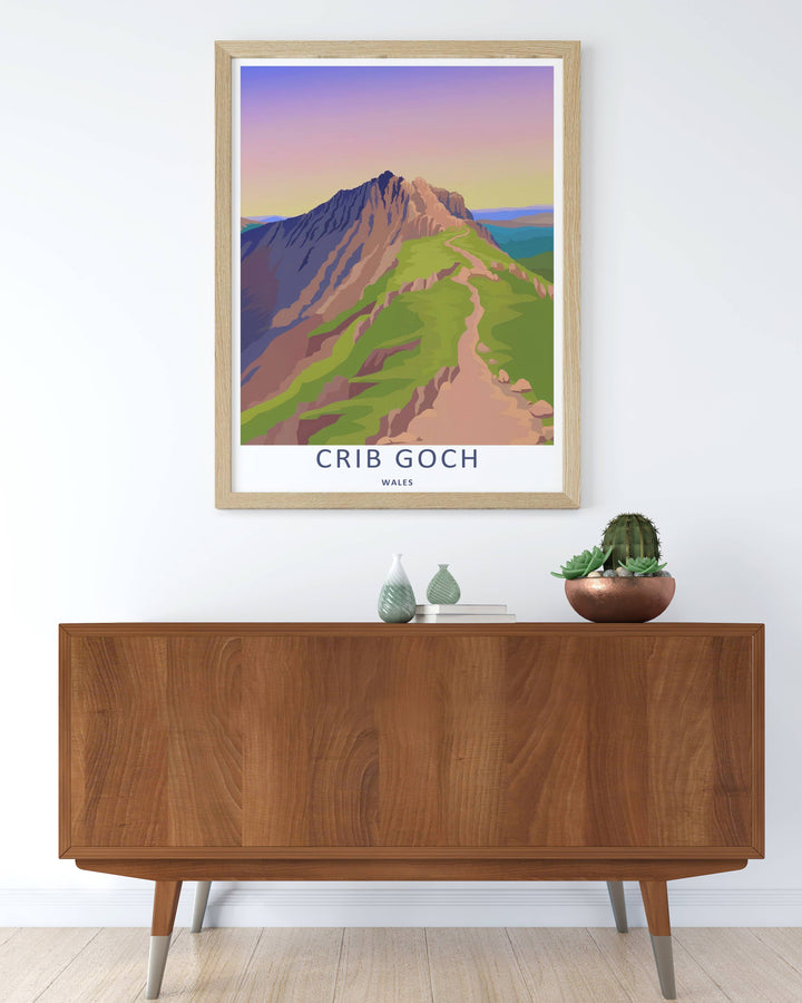 Graphic illustration print of the famous Crib Goch mountain climbing trail, crafted as a premium canvas print, an unframed poster, or a framed gallery piece. The wall decor shows a towering vector peak in soft purples, golds, and deep greens.