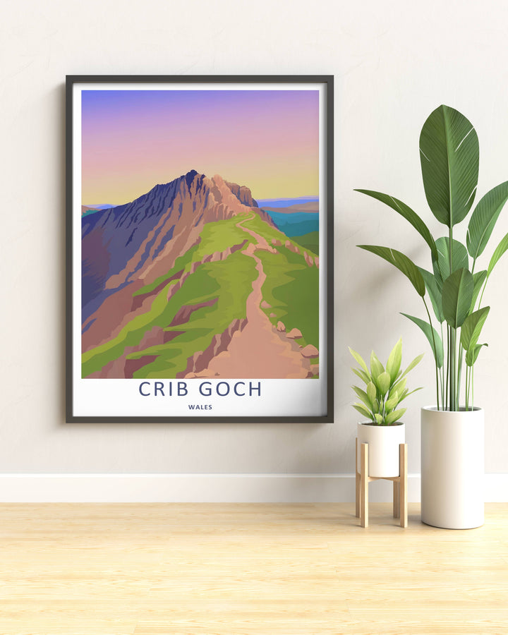 Modern travel poster art featuring a retro vector layout of the classic Crib Goch mountain range, which can be ordered as a stretched canvas, an unframed poster, or a framed print. The landscape art details smooth gradients on a sharp ridge line.