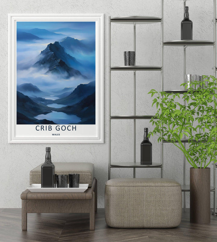 A striking moody print of the iconic Crib Goch mountain peak, ready to order as an unframed print, canvas, or a framed wall art piece. The design features bold minimalist typography centered along the clean white border at the bottom.