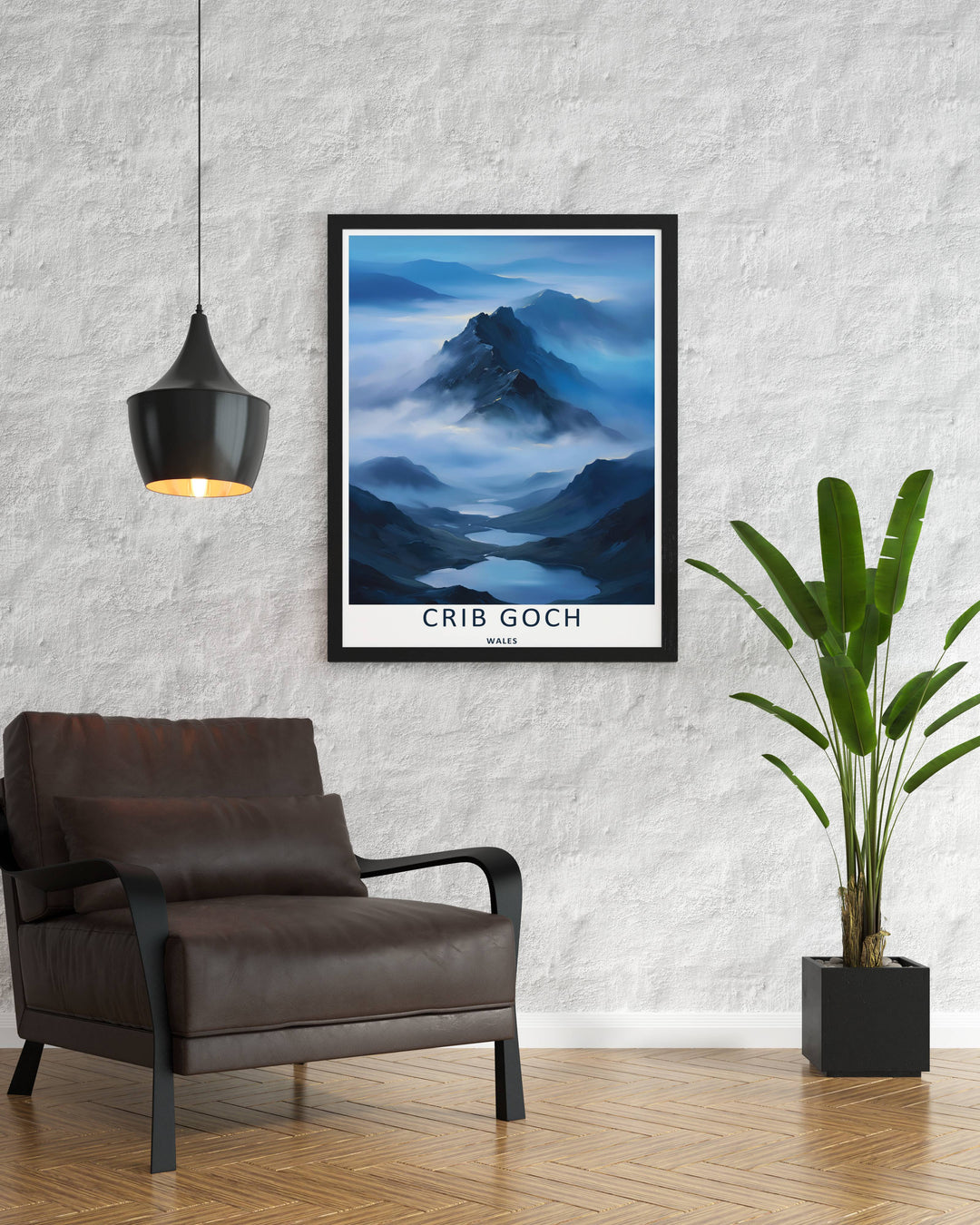 A detailed artistic travel poster depicting a scenic misty morning at Crib Goch, selectable as an elegant canvas, a minimalist unframed poster, or a framed artwork display. The scene details soft white fog surrounding rugged dark mountain slopes.