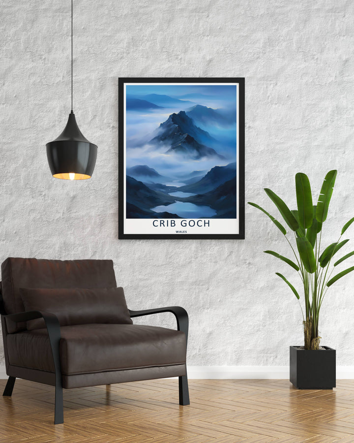 A detailed artistic travel poster depicting a scenic misty morning at Crib Goch, selectable as an elegant canvas, a minimalist unframed poster, or a framed artwork display. The scene details soft white fog surrounding rugged dark mountain slopes.