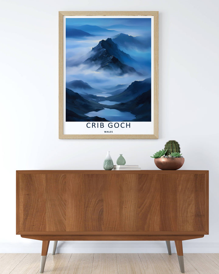 Graphic illustration print of the famous Crib Goch mountain climbing landscape, crafted as a premium canvas print, an unframed poster, or a framed gallery piece. The wall decor shows a towering peak hidden in deep blues and misty white layers.
