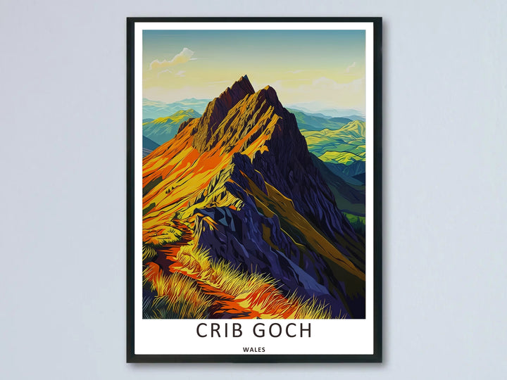 A bold geometric vector art print by MapYourDreams showcasing the sharp Crib Goch ridge in Snowdonia, Wales, with bright orange sunlight hitting the mountain peaks, displayed inside a modern black frame.