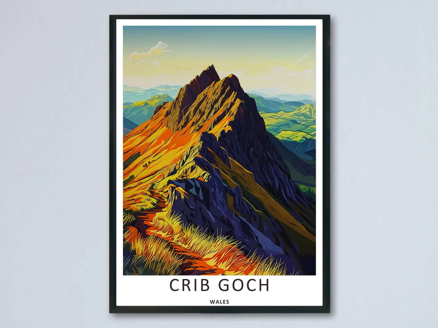 A bold geometric vector art print by MapYourDreams showcasing the sharp Crib Goch ridge in Snowdonia, Wales, with bright orange sunlight hitting the mountain peaks, displayed inside a modern black frame.