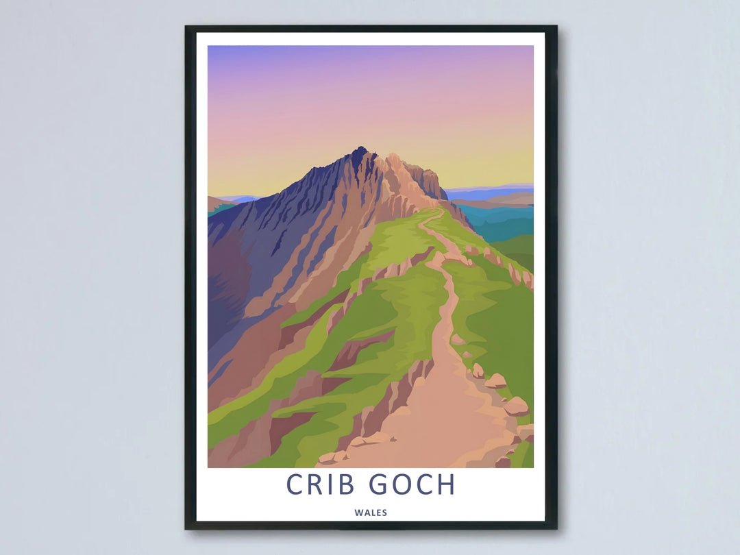 A retro travel poster featuring the serene mountain landscape of Crib Goch; this artwork is available as an unframed print, a premium canvas, or a framed print option. The graphic art showcases a path winding toward a sharp peak under a purple sunset sky.