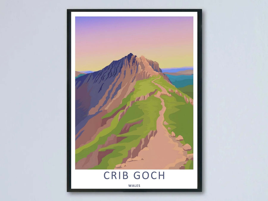 A retro travel poster featuring the serene mountain landscape of Crib Goch; this artwork is available as an unframed print, a premium canvas, or a framed print option. The graphic art showcases a path winding toward a sharp peak under a purple sunset sky.