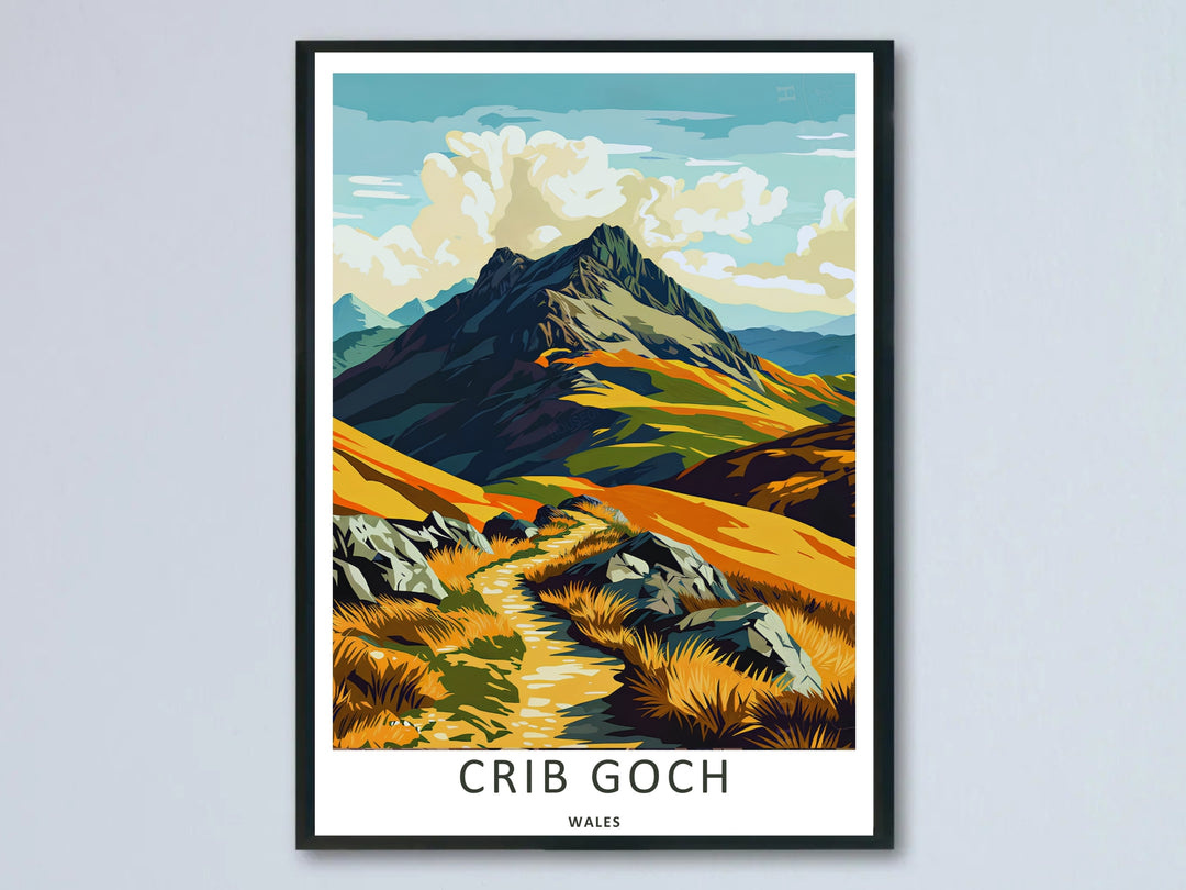 A retro travel poster featuring the scenic Crib Goch mountain landscape illustration; this artwork is available as an unframed print, a high-quality canvas, or a framed print option. The graphic art showcases a path leading toward the majestic rocky peak under a stylized cloudy sky.