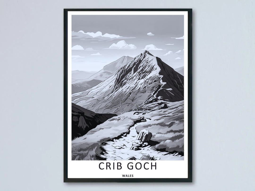 A minimalist black and white vector art print by MapYourDreams showcasing the sharp rocky ridge of Crib Goch in Snowdonia, Wales, emphasizing high-contrast monochrome lines inside a modern black frame.