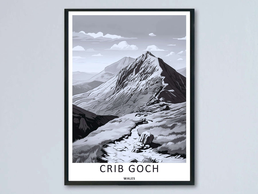 A minimalist black and white vector art print by MapYourDreams showcasing the sharp rocky ridge of Crib Goch in Snowdonia, Wales, emphasizing high-contrast monochrome lines inside a modern black frame.