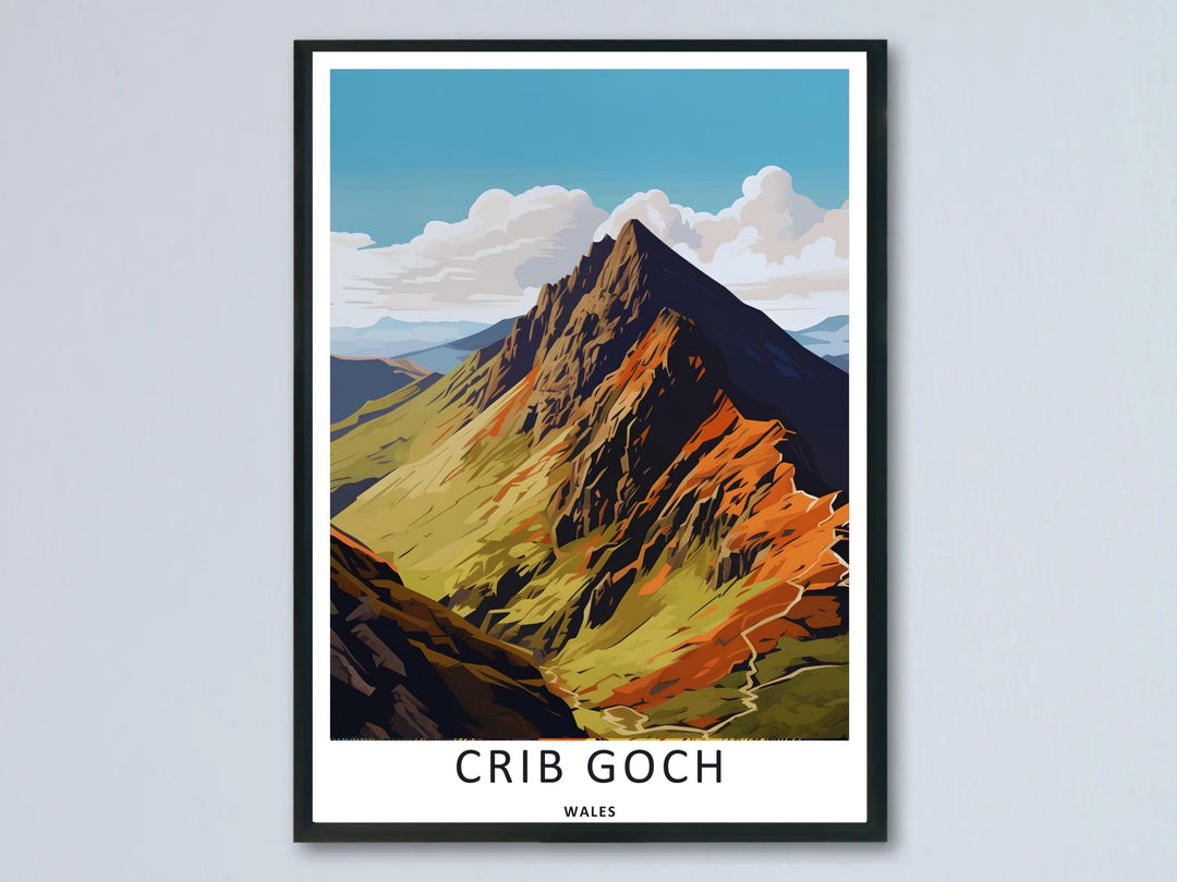 A vibrant geometric vector art print by MapYourDreams showcasing the high, rocky peak of Garnedd Ugain in Snowdonia, Wales, featuring a beautiful contrast of sunlit orange ridges and deep navy shadows in a black frame.