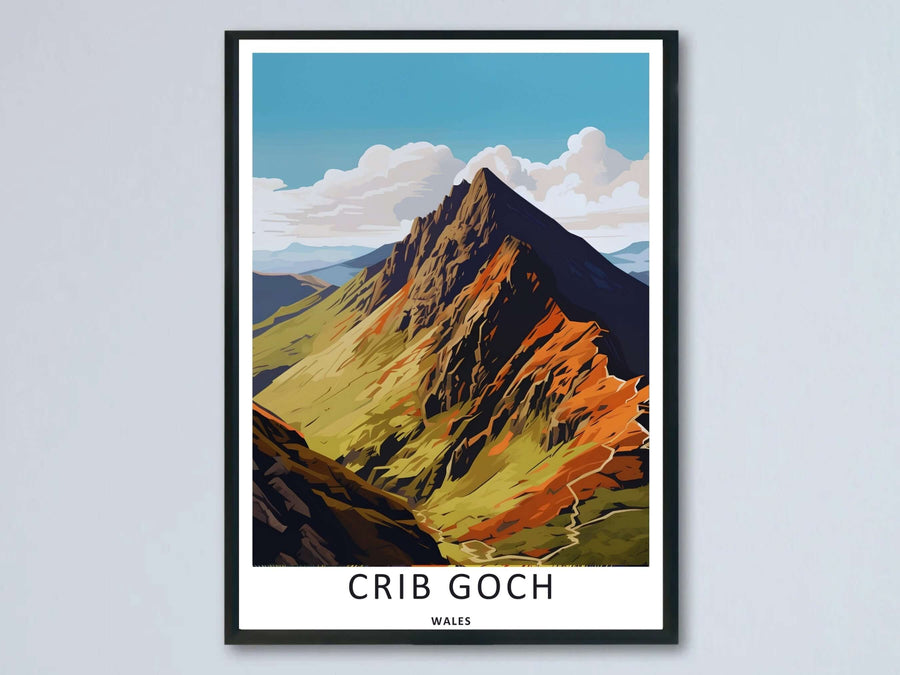 A vibrant geometric vector art print by MapYourDreams showcasing the high, rocky peak of Garnedd Ugain in Snowdonia, Wales, featuring a beautiful contrast of sunlit orange ridges and deep navy shadows in a black frame.