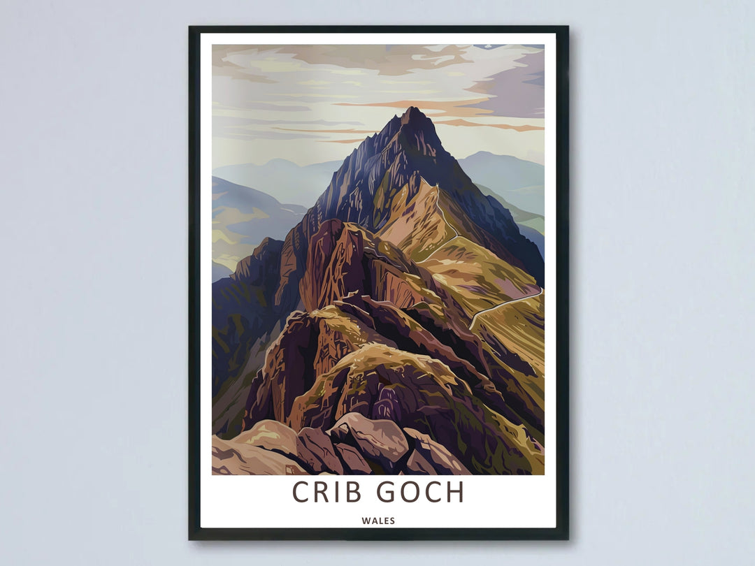 An organic earth-toned vector art print by MapYourDreams showcasing the terraced slopes and jagged peak of Crib Goch in Snowdonia, Wales, styled inside a modern black frame against a neutral wall.