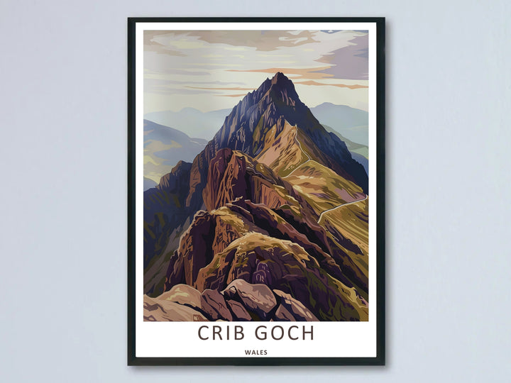 An organic earth-toned vector art print by MapYourDreams showcasing the terraced slopes and jagged peak of Crib Goch in Snowdonia, Wales, styled inside a modern black frame against a neutral wall.