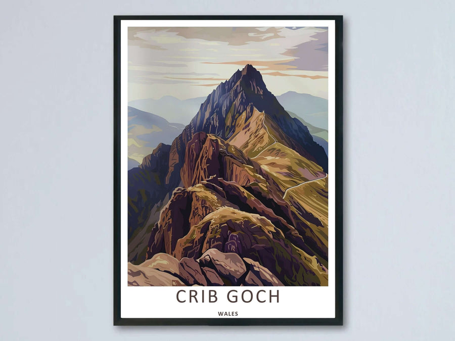 An organic earth-toned vector art print by MapYourDreams showcasing the terraced slopes and jagged peak of Crib Goch in Snowdonia, Wales, styled inside a modern black frame against a neutral wall.