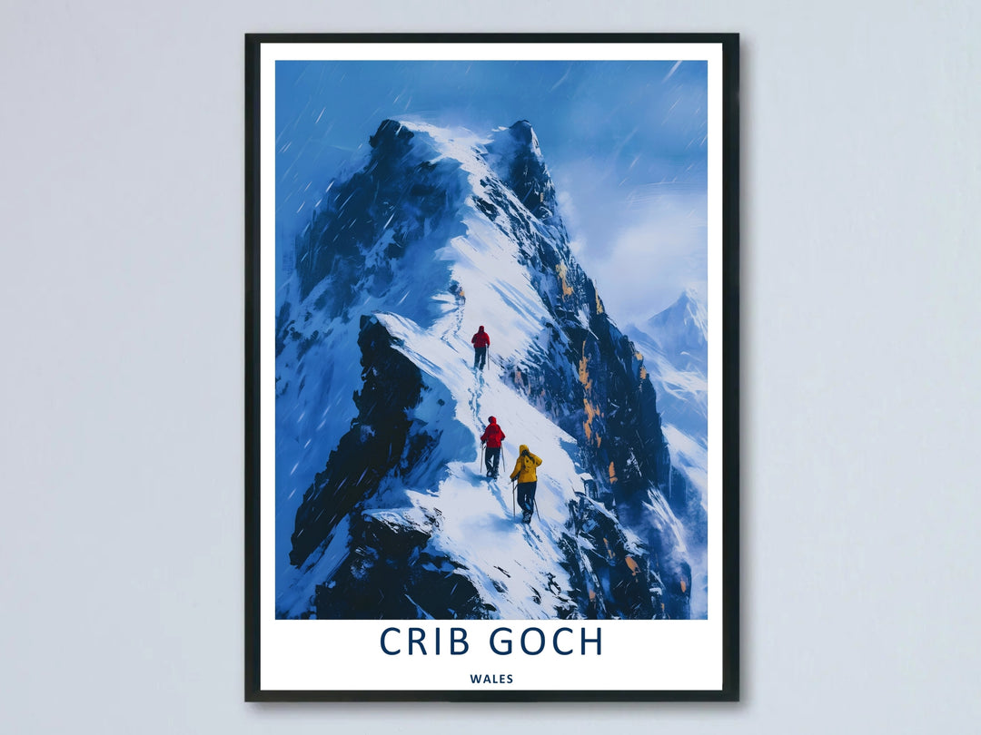 A retro winter travel poster featuring the scenic mountain landscape of Crib Goch; this artwork is available as an unframed print, a premium canvas, or a framed print option. The graphic art showcases hikers climbing a steep snowy ridge under a cold blue sky.