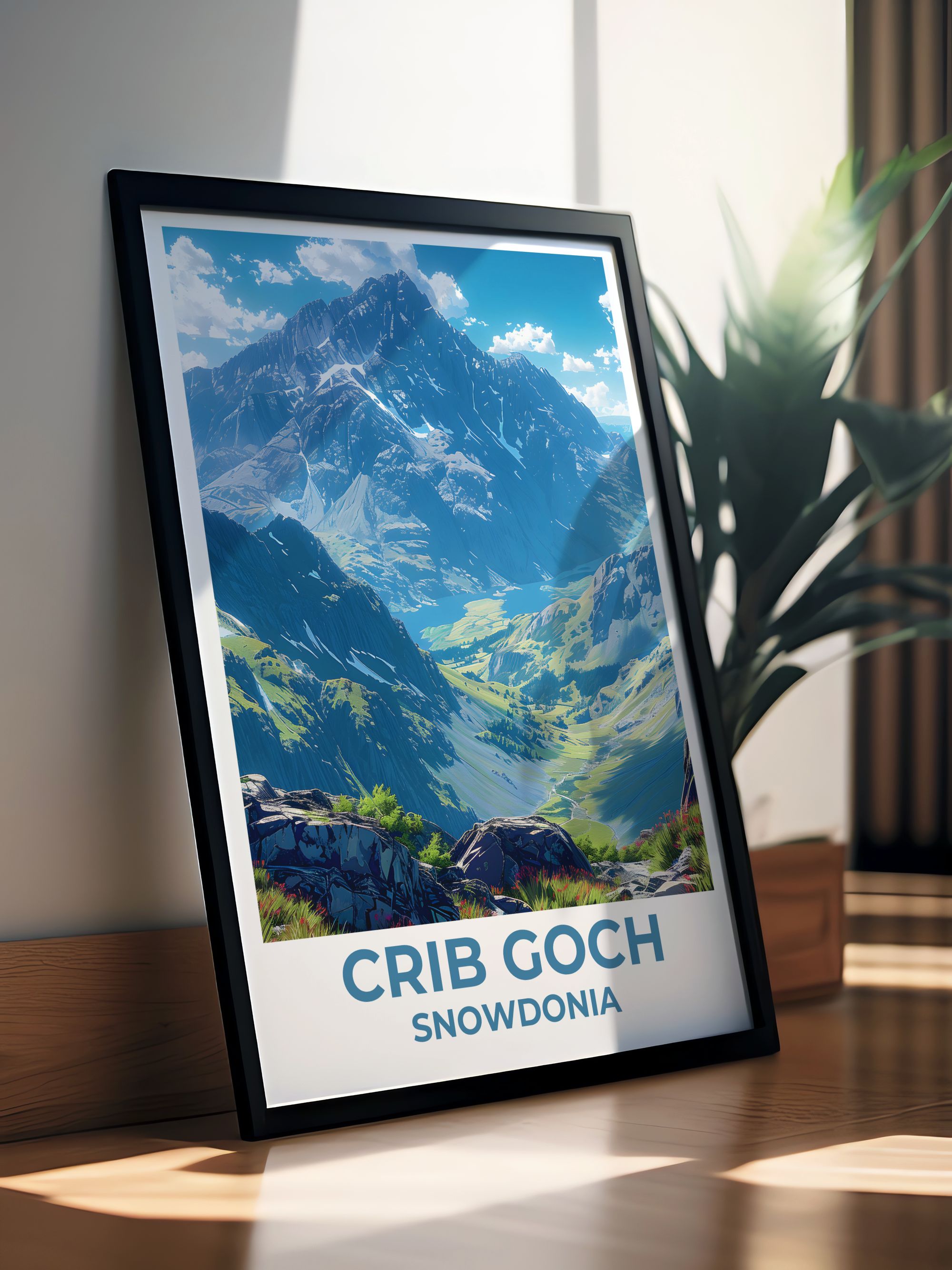 Crib Goch poster showing the Garnedd Ugain approach to the Snowdon Horseshoe from MapYourDreams, original Welsh mountain print depicting the dramatic ridge line and high mountain terrain of Eryri Snowdonia available as framed wall art or canvas
