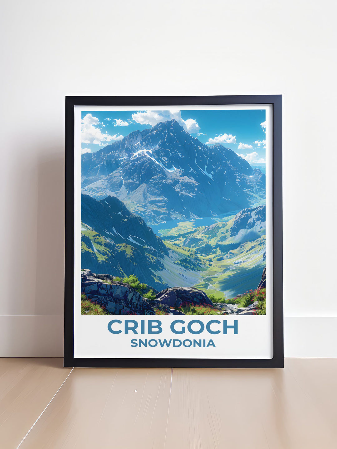 Garnedd Ugain peak with hikers enjoying panoramic views of Snowdonia captured in a vibrant framed print