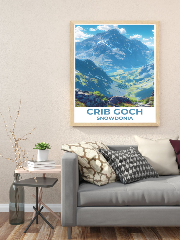 Garnedd Ugain summit in the heart of Snowdonia illustrated in an elegant vintage travel print for home decor