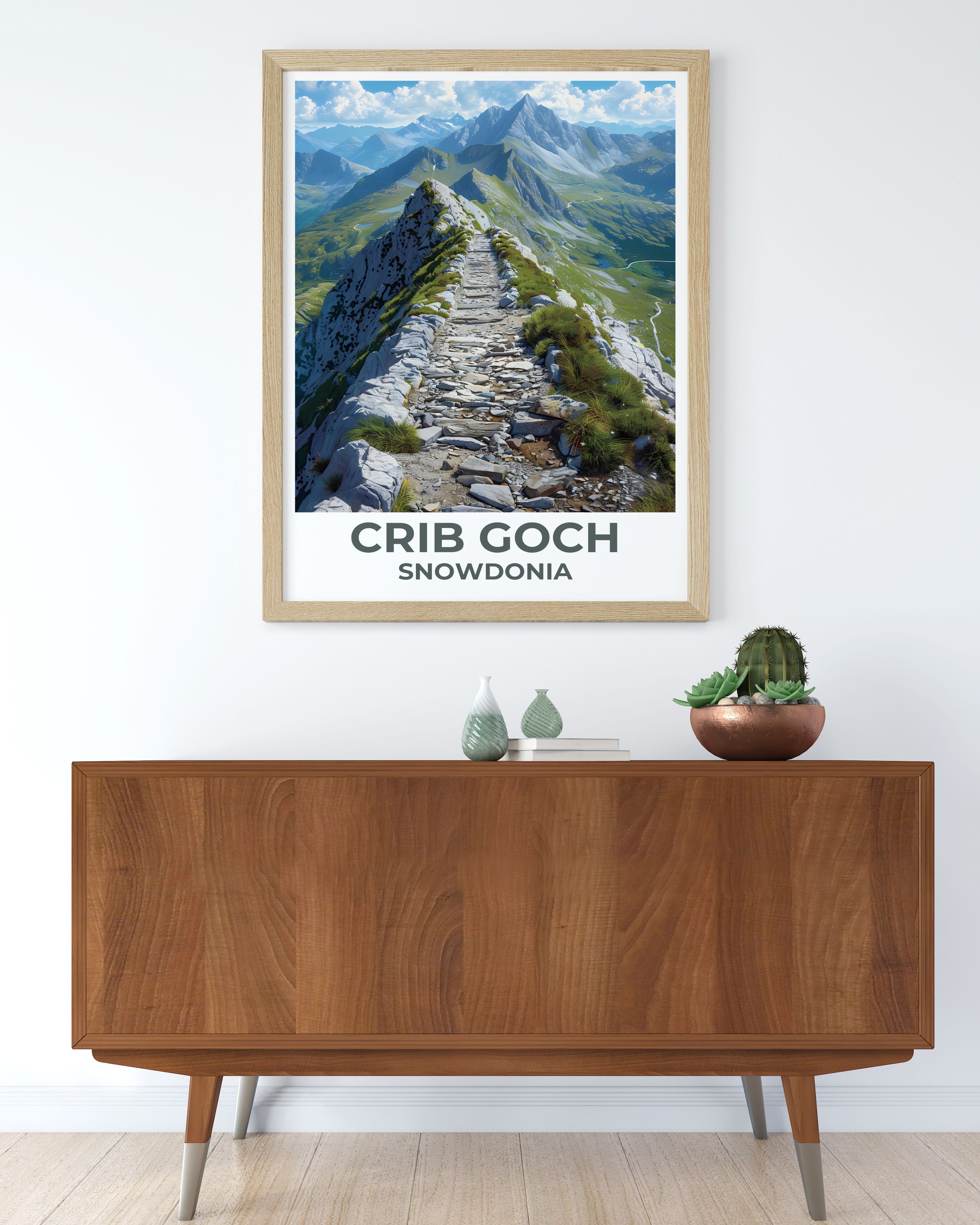 Crib Goch poster featuring the iconic knife-edge ridge arête from MapYourDreams, original Snowdonia art print showing the narrow rocky crest with dramatic drops on either side, a perfect Welsh mountain gift for climbers and Snowdonia hikers worldwide