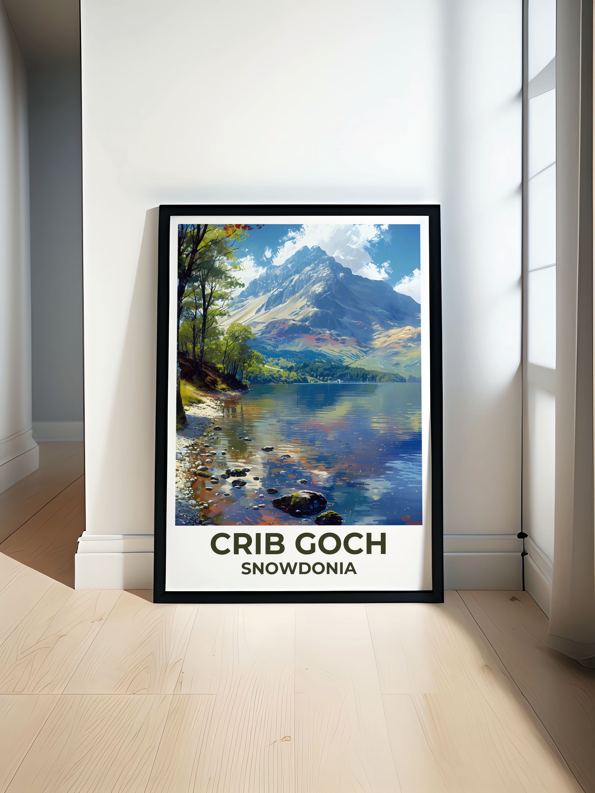 Crib Goch poster featuring Llyn Llydaw in the valley below the Snowdon Horseshoe from MapYourDreams, original Snowdonia mountain print showing the Welsh lake reflection composition available as framed wall art and canvas prints for mountain lovers worldwide