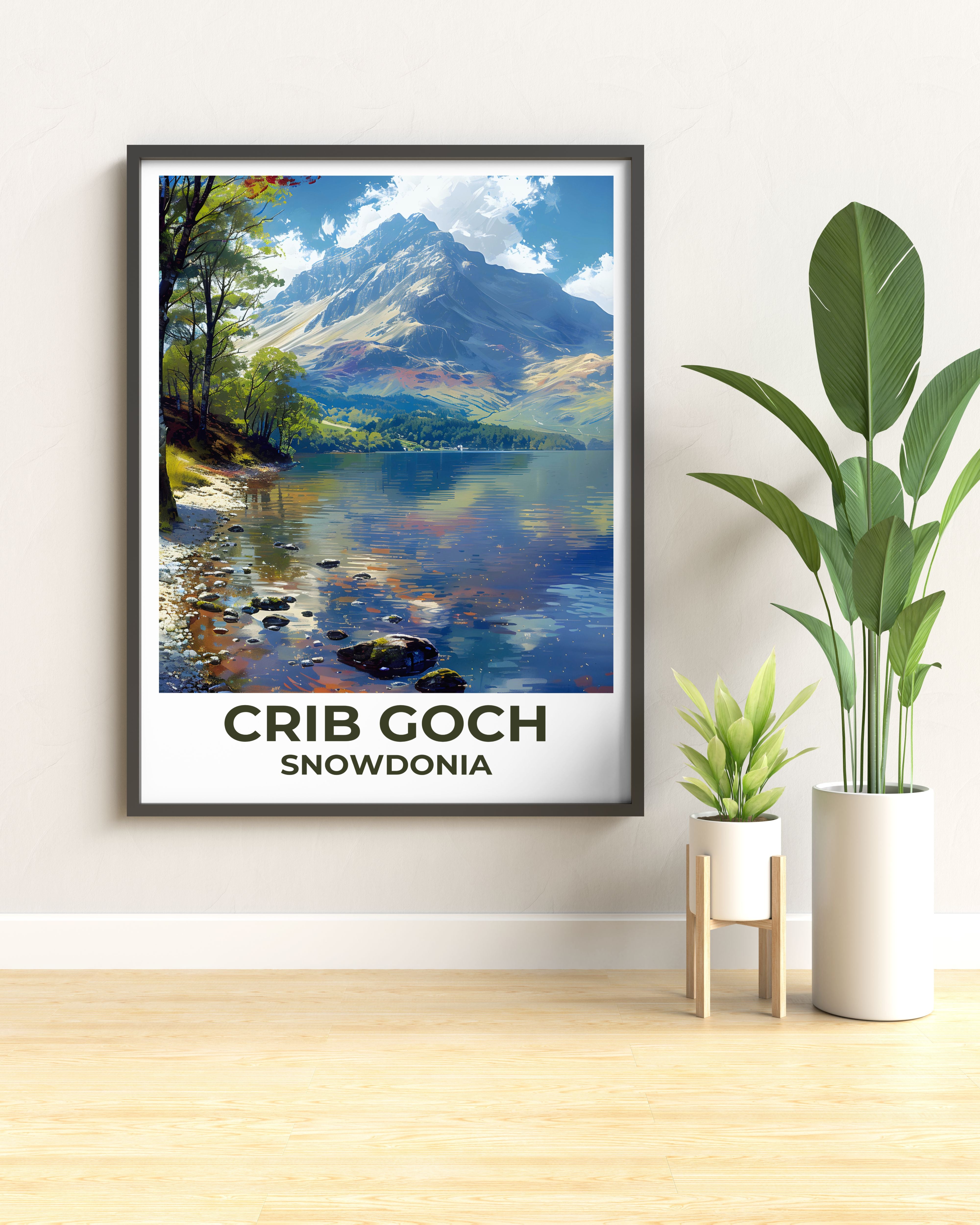 Crib Goch poster from MapYourDreams showing the Llyn Llydaw lake reflection composition with the Snowdon Horseshoe ridgeline, original Snowdonia fine art print available as framed Welsh mountain wall art for hikers and Snowdonia lovers shipping worldwide