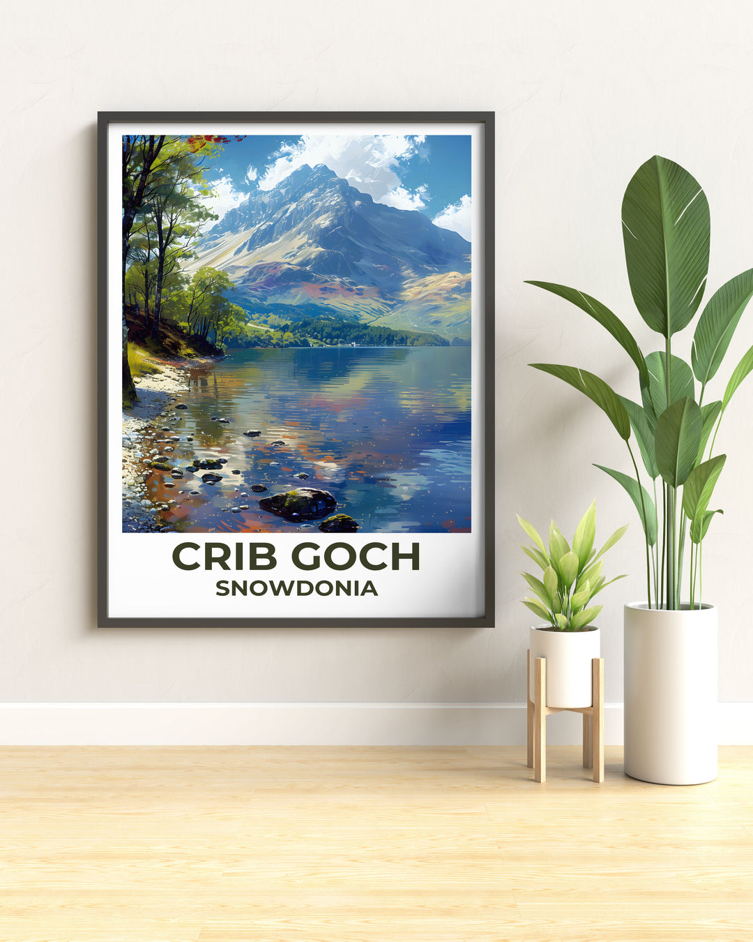 Winter scene at Llyn Llydaw with snow-capped mountains reflected in the still water creating a calm and cooling effect in room decor