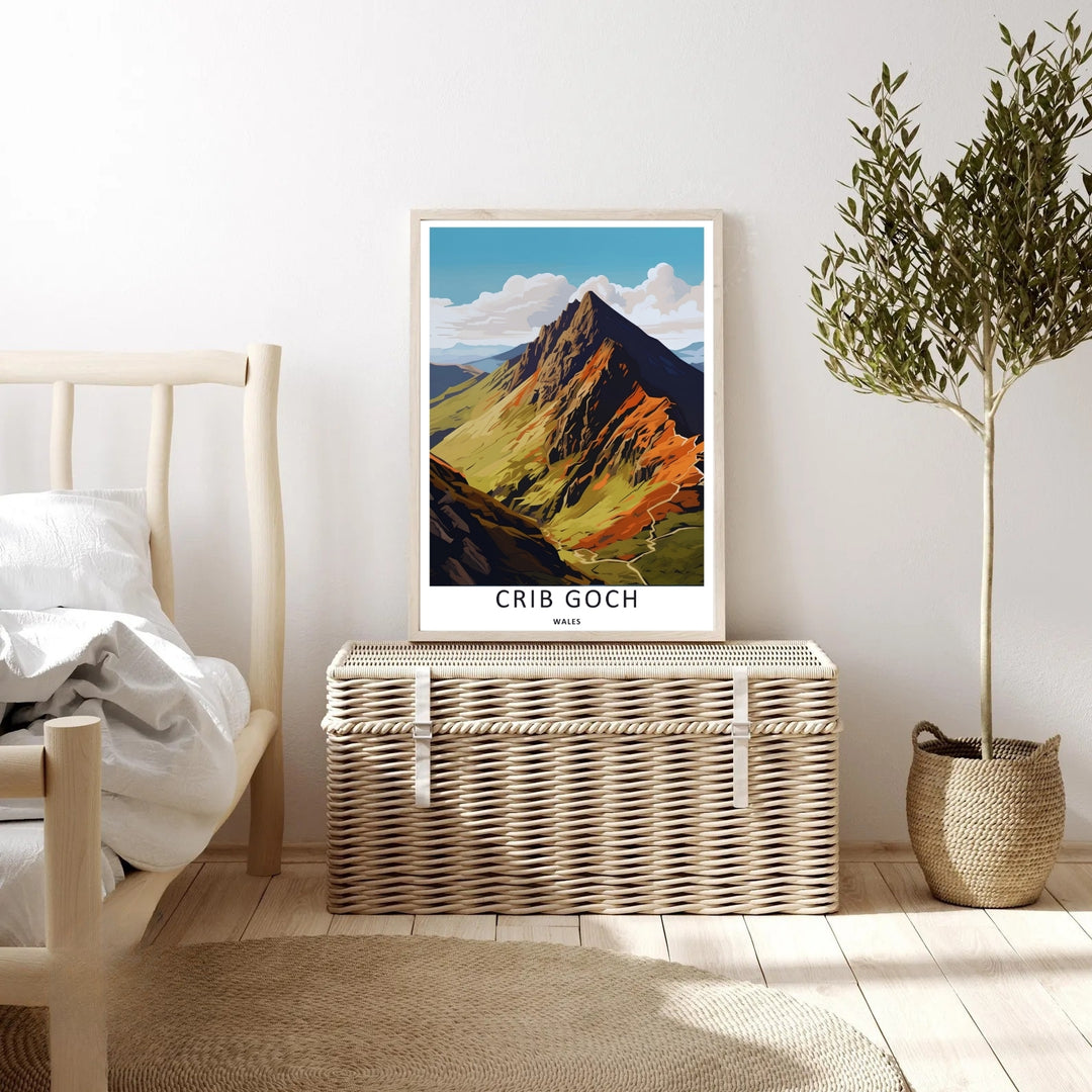 An evocative alpine print of the peak of Garnedd Ugain in Wales featuring rich terracotta clay tones and dramatic dark shadows, available to purchase as a canvas print or a premium bronze frame.