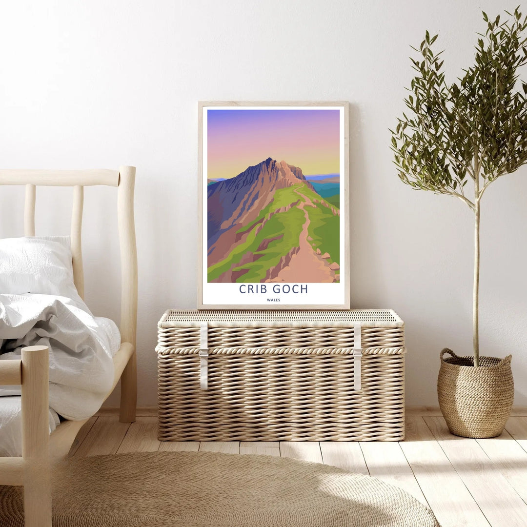 An elegant wilderness print of the dramatic Crib Goch mountain ridge, offered as an unframed print, a wrapped canvas, or a framed art finish. The vintage travel poster aesthetic brings a modern graphic touch to classic adventure wall decor.