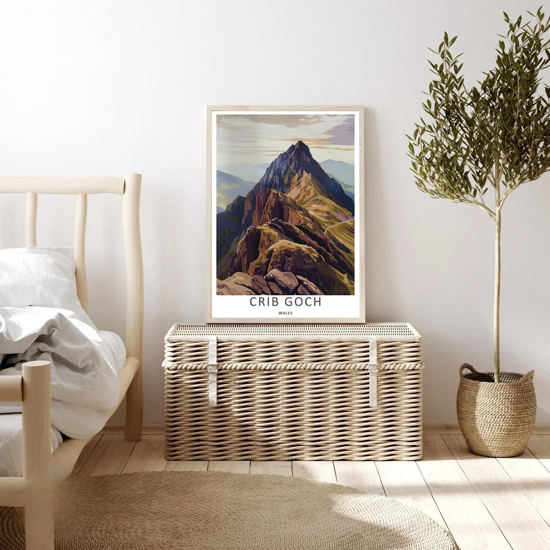 MapYourDreams high-altitude display showcasing a beautifully detailed earth-toned rendering of the Crib Goch mountain peaks, customizable as a canvas print or a retro black framed piece.