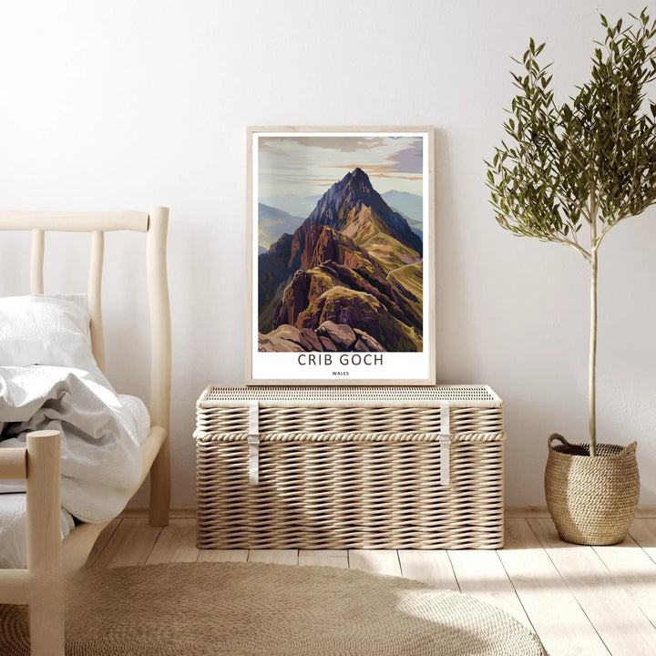 MapYourDreams high-altitude display showcasing a beautifully detailed earth-toned rendering of the Crib Goch mountain peaks, customizable as a canvas print or a retro black framed piece.