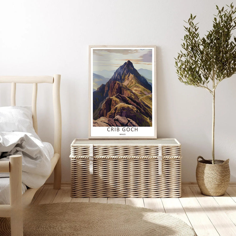 MapYourDreams high-altitude display showcasing a beautifully detailed earth-toned rendering of the Crib Goch mountain peaks, customizable as a canvas print or a retro black framed piece.