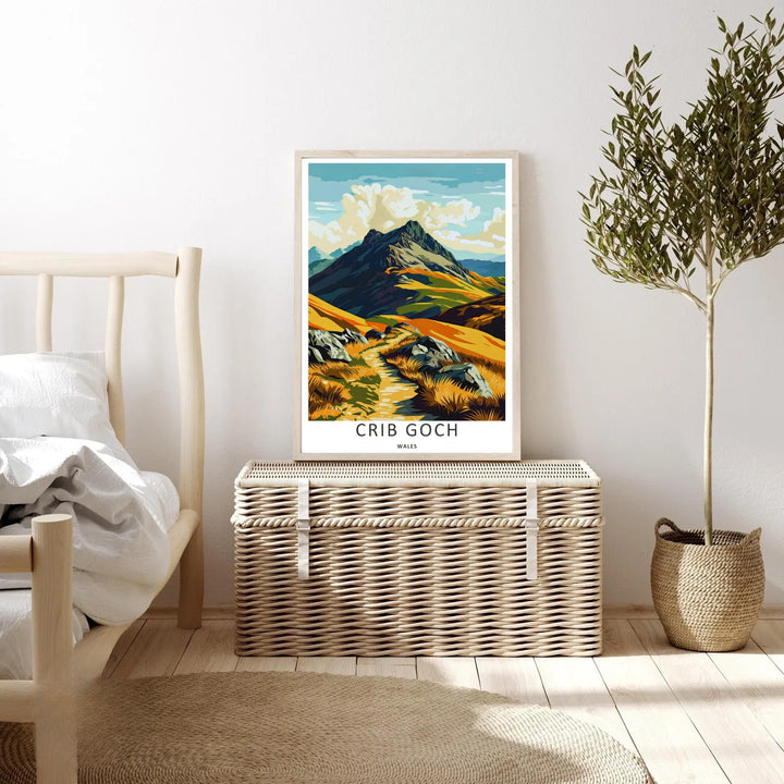 High-contrast vector artwork of the rugged Crib Goch mountain trail, custom made as a canvas, a standalone unframed print, or a framed poster. The design uses layered shapes and organic color blocks to show the scenic trail ascending toward the tall summit.