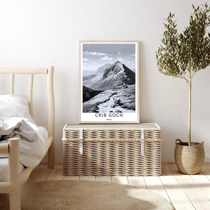 Modern graphic rendering of the historic hiking routes traversing across Crib Goch in Snowdonia, acting as stunning adventure wall decor available to order in sleek finished grey frames.