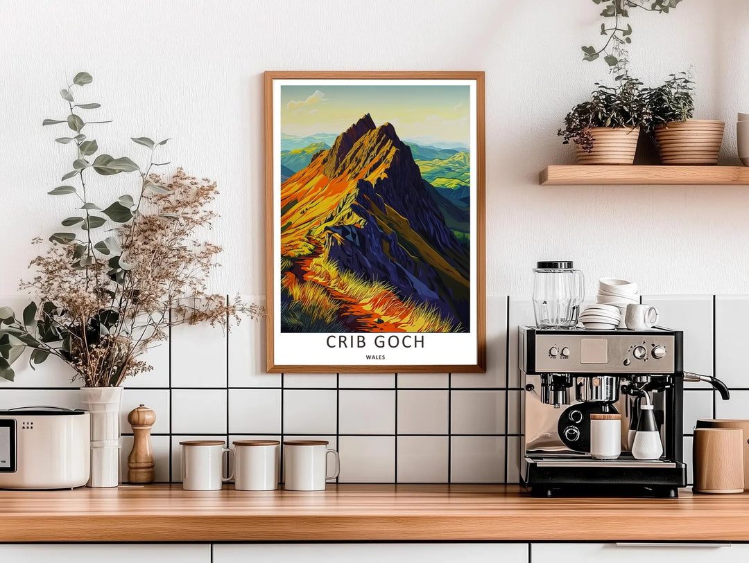 Modern graphic rendering of the iconic, dangerous knife-edge arête of Crib Goch in Snowdonia, acting as stunning adventure wall decor available to order in sleek finished grey frames.