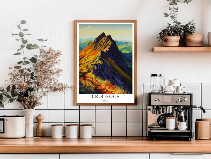 Modern graphic rendering of the iconic, dangerous knife-edge arête of Crib Goch in Snowdonia, acting as stunning adventure wall decor available to order in sleek finished grey frames.