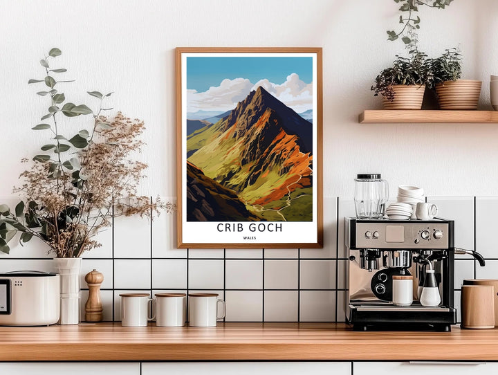 Modern graphic rendering of the historic hiking routes traversing across Garnedd Ugain in Snowdonia, acting as stunning adventure wall decor available to order in sleek finished grey frames.